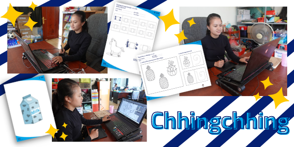 Collage: new staff member Chhingchhing designs worksheets on her laptop beside her sample drawings