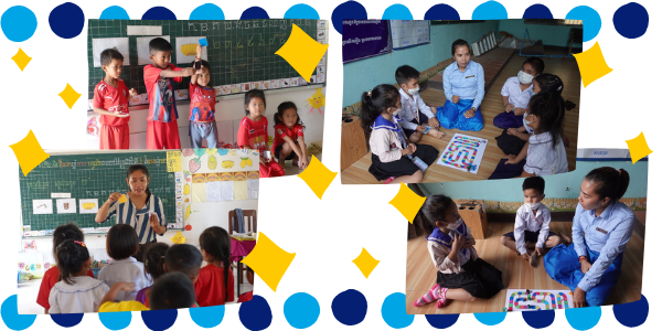 Collage: teachers play games and lead activities with children in classrooms for TukTuk activity videos