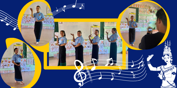 Collage: teachers in matching blue tops practise traditional Cambodian dance while a TukTuk staff member films