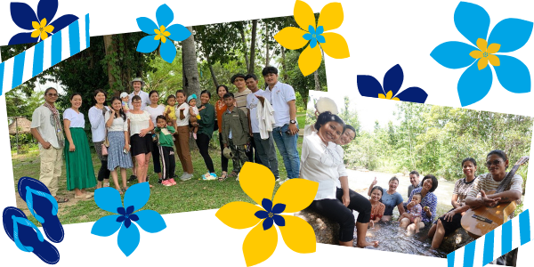Collage: TukTuk staff and volunteers gather outdoors for group photos on the staff trip