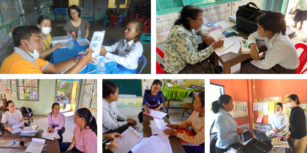Collage: TukTuk staff and education officers assess classroom decorations with teachers at the target schools