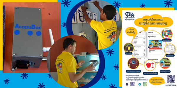 Collage: TukTuk staff install the grey AccessBox WiFi hotspot in schools, with a leaflet explaining its use