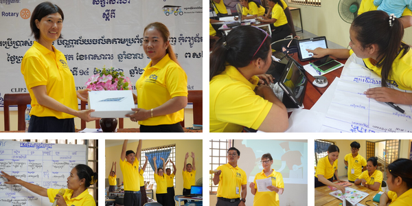 Collage: teachers in yellow TukTuk shirts present, use laptops and write on flip charts at the 3rd workshop