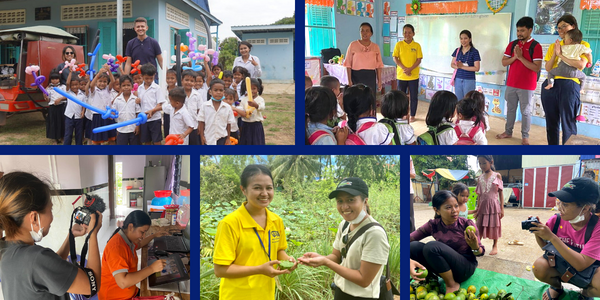 Collage: volunteers and TukTuk staff visit preschools where children hold balloon animals, and film interviews