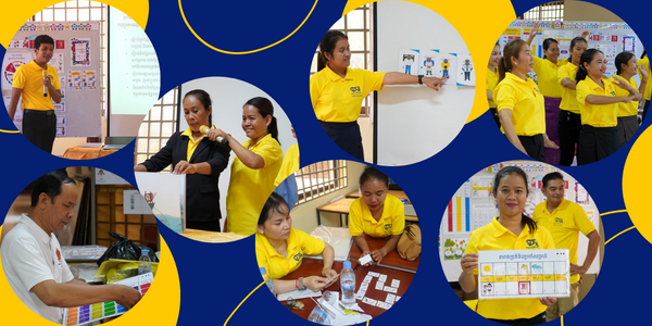 Collage: teachers in yellow shirts make classroom decorations and present at the last workshop of 2022