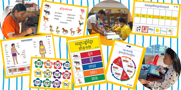 Collage: printable classroom decoration posters of animals, body parts, numbers and calendars, with TukTuk staff preparing them
