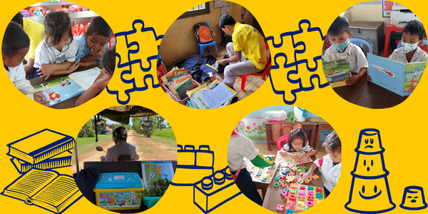 Collage: children read picture books and play with toys and puzzles from the mobile library project