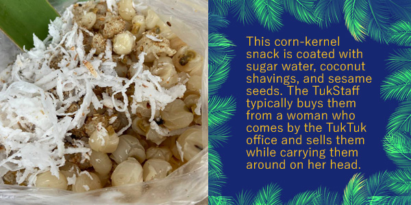 Corn kernel snack coated with coconut shavings and sesame, the Khmer food of the month Pot Chamhay