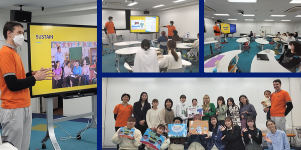 Collage: Japanese university students attend a TukTuk presentation and pose with TukTuk storybooks