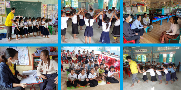 Collage: TukTuk staff play games with children, film activities and interview teachers during the fourth follow-up visits