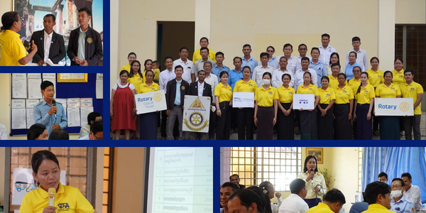 Collage: teachers, principals and education officials gather for the annual summary meeting, some holding Rotary signs
