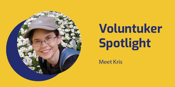 Voluntuker Spotlight banner with a portrait of university teacher and volunteer Kris