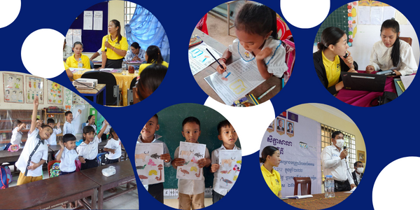 Collage: teachers, children with worksheets and TukTuk staff with laptops show the first year of CLIP2