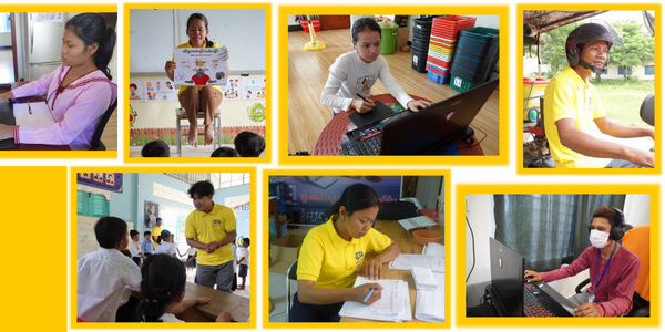 Collage: TukTuk staff and teachers work on laptops, film and visit schools as part of the 2023 plans
