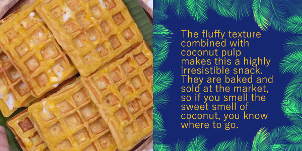 Golden baked waffles with coconut, the Khmer food of the month Nom Poum, with a short description