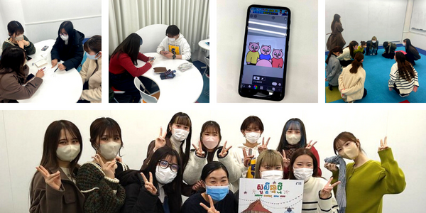 Collage: Japanese university students work in groups on TukTuk ideas, check an Instagram post and pose with a kamishibai book