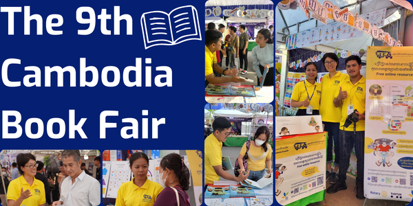 The 9th Cambodia Book Fair collage: TukTuk staff in yellow shirts talk with visitors at their booth
