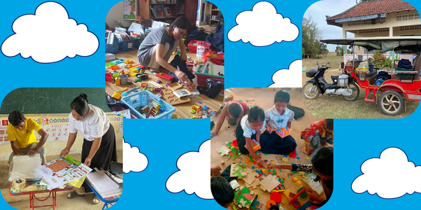 Collage: TukTuk staff sort toys and books for the mobile library, load the tuk-tuk and play with children