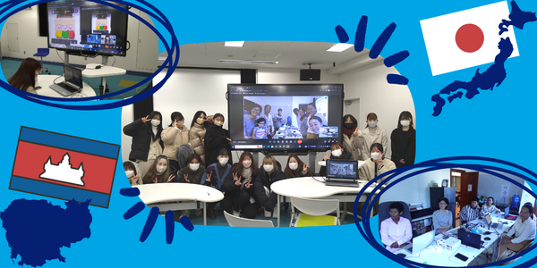 Collage: Japanese university students and TukTuk staff talk by video call, with the Japanese and Cambodian flags