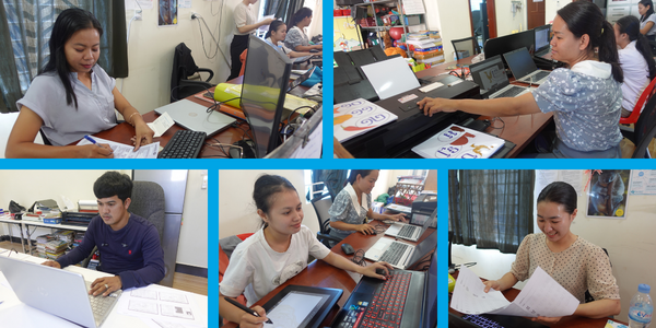Collage: TukTuk staff work at computers and desks to prepare teaching materials for the fifth workshop