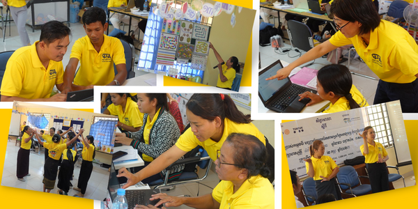 Collage: teachers learn to make worksheets on laptops and practise activities at the 5th workshop