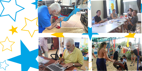 Collage: voluntukers work at laptops and tables in the office and spend time with children outdoors