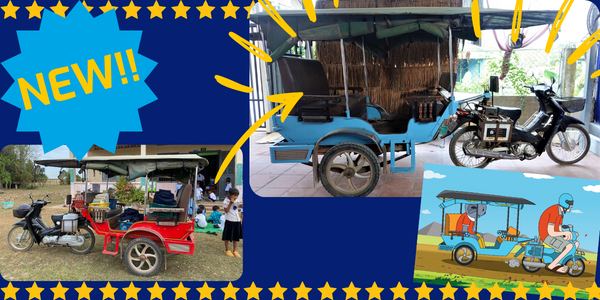 Collage: the old red tuk-tuk, the repainted light blue tuk-tuk and the blue tuk-tuk drawn in the TukBooks