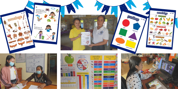 Collage: classroom decoration posters of shapes, foods and tools, with teachers and TukTuk staff using them