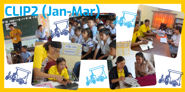 Collage titled CLIP2 (Jan-Mar): children in classrooms, and TukTuk staff working at laptops and meeting teachers