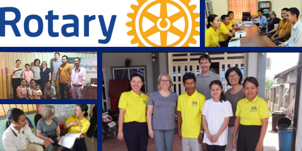 Collage with the Rotary logo: Lori from Canada meets TukTuk staff and Rotary members at the office
