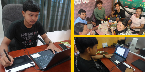 Collage: an intern draws on a tablet beside a laptop, and TukTuk staff share a meal at a table