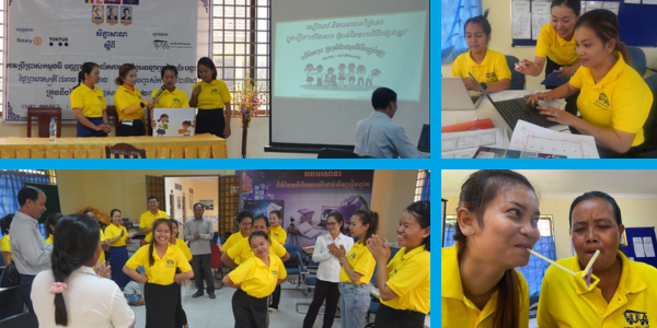 Collage: TukTuk staff lead the 6th workshop with a projector, and teachers practise worksheets and games