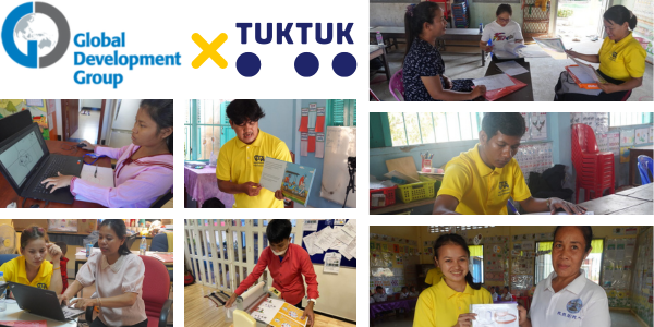 Global Development Group and TukTuk logos above a collage of TukTuk staff working with teachers at laptops and desks