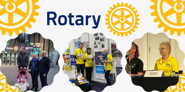 Rotary logo collage from the Melbourne convention: visitors with a stroller, the education booth and a breakout session