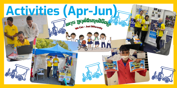 Collage titled Activities (Apr-Jun): staff at laptops, the festival booth, the We Can book and the Rotary convention stand