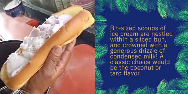 An ice cream sandwich in a sliced bun held in a hand, with text about bite-sized ice cream scoops