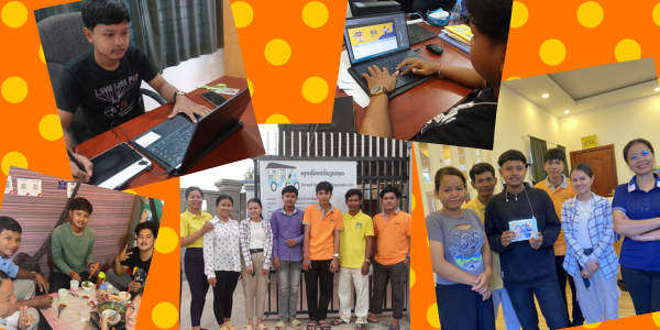 Collage: the intern Rasin works at laptops, shares a meal and poses with TukTuk staff outside the office