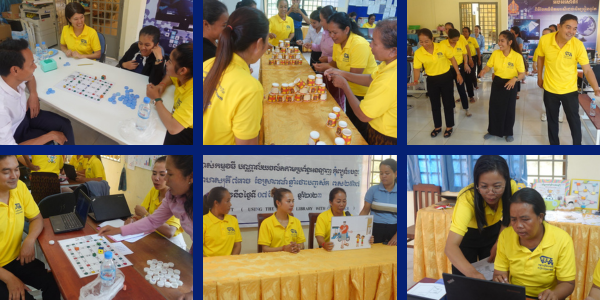 Collage: teachers play board games, try activities and use laptops at the final CLIP2 workshop