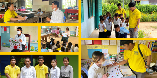 Collage: school follow-up visits with teachers, children in classrooms and TukTuk staff checking worksheets and games