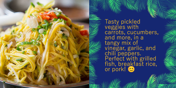 Shredded pickled vegetables with chili on a plate beside text about tangy Cambodian pickles