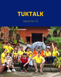 TukTalk 72 cover: TukTuk staff and visitors pose on temple steps with a koala mascot