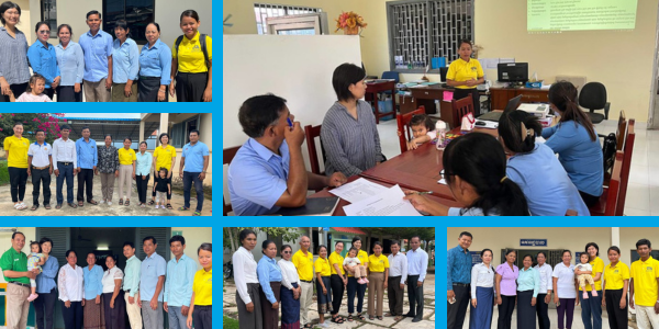 Collage: a CLIP3 briefing meeting and group photos of education officials, principals and TukTuk staff