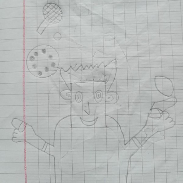 A pencil sketch on squared paper of a smiling cartoon character holding tennis rackets and a ball