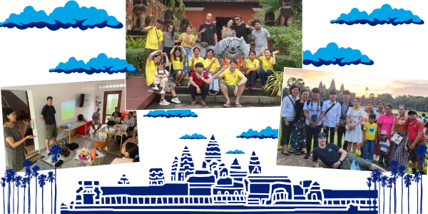 Collage: the staff trip to Siem Reap with a group photo, a storybook workshop and a visit to Angkor Wat