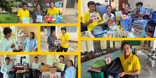 Collage: TukTuk staff hand toys and storybooks from the mobile library to teachers and education officers