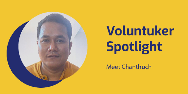 Voluntuker Spotlight banner with a portrait of Chanthuch, a member of the Rotary Club of Pursat