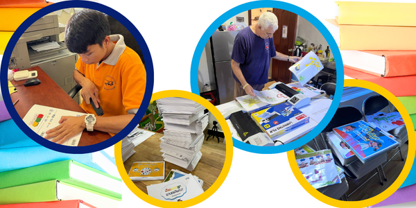 Collage: a staff member and a voluntuker laminate, sort and stack Kamishibai sheets for the book fair
