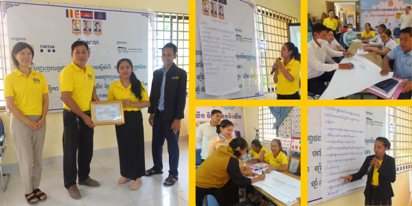 Collage: TukTuk staff receive a certificate, and teachers and officials work at tables at the CLIP2 closing meeting
