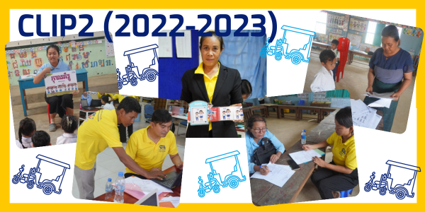 Collage titled CLIP2 (2022-2023): TukTuk staff with teachers, storybooks and worksheets in classrooms