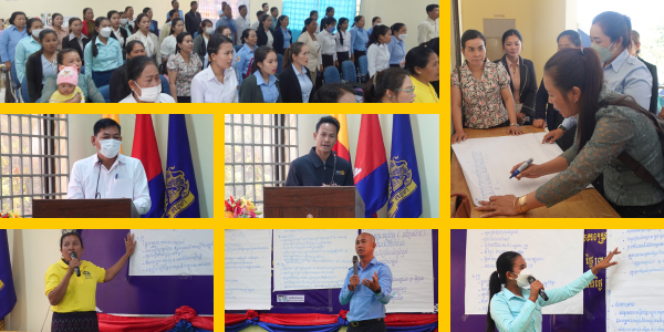 Collage: the CLIP3 kick-off meeting with a large audience, officials speaking and teachers discussing